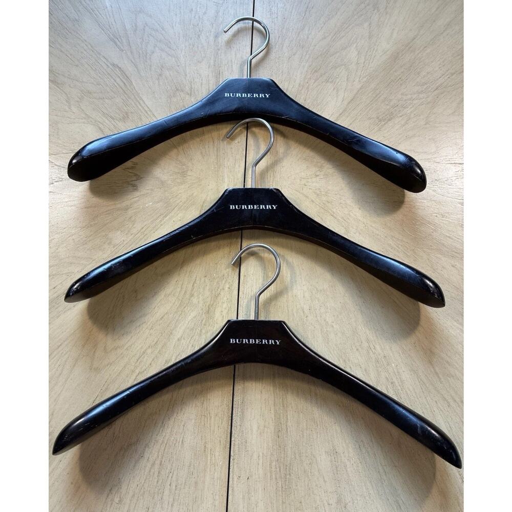 3 Authentic Burberry Wooden Wood Hangers Rare Dark Brown Suit Blazer Coat Heavy